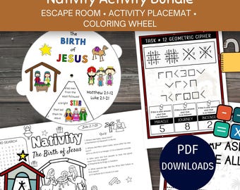 May include: A printable Nativity Activity Bundle for ages 5-12, including an escape room, activity placemat, and colouring wheel. Features a geometric cipher, quiz, and illustrations of the birth of Jesus. PDF downloads available.