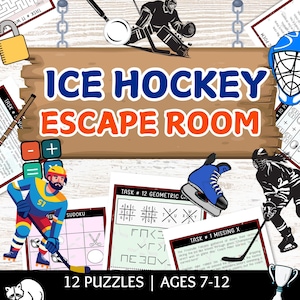 Juego de escape room de hockey sobre hielo, 12 rompecabezas imprimibles en PDF, actividades para fiestas de cumpleaños con temática de hockey, rompecabezas de hockey para niños
