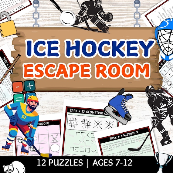 Ice hockey escape room game, 12 printable pdf puzzles, hockey themed  birthday party activities, hockey puzzle for kids