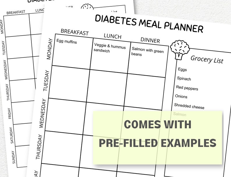 Diabetes Meal Planner, Printable Grocery List and Meal Planner, PDF