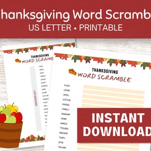 Thanksgiving Word Scramble Printable, Thanksgiving Games for Family, Word Puzzle Digital Download