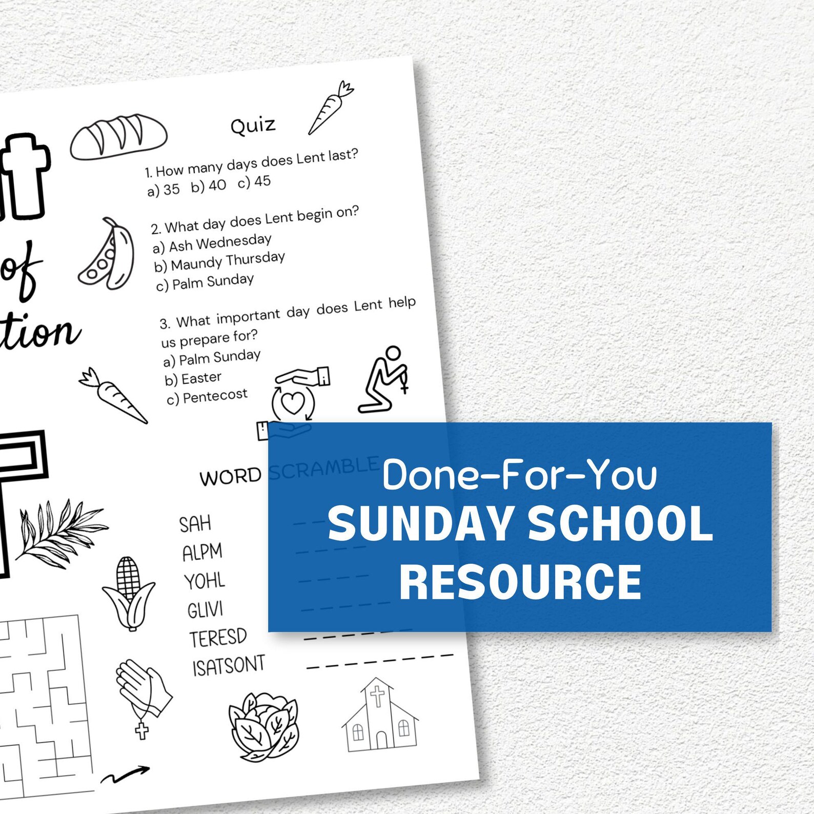 Lent Activity Placemat, Printable Sunday School Games, Ash Wednesday ...