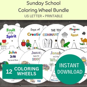 Sunday School Coloring Wheel Bundle, 12 Printable Sunday School Craft for Kids, Children’s Bible Study, Scripture Activity