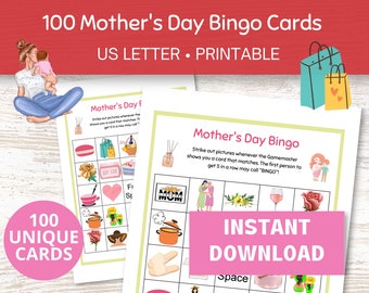 Mother’s Day Bingo, 100 Bingo Cards, Family Game Night Printable, Games for Mom