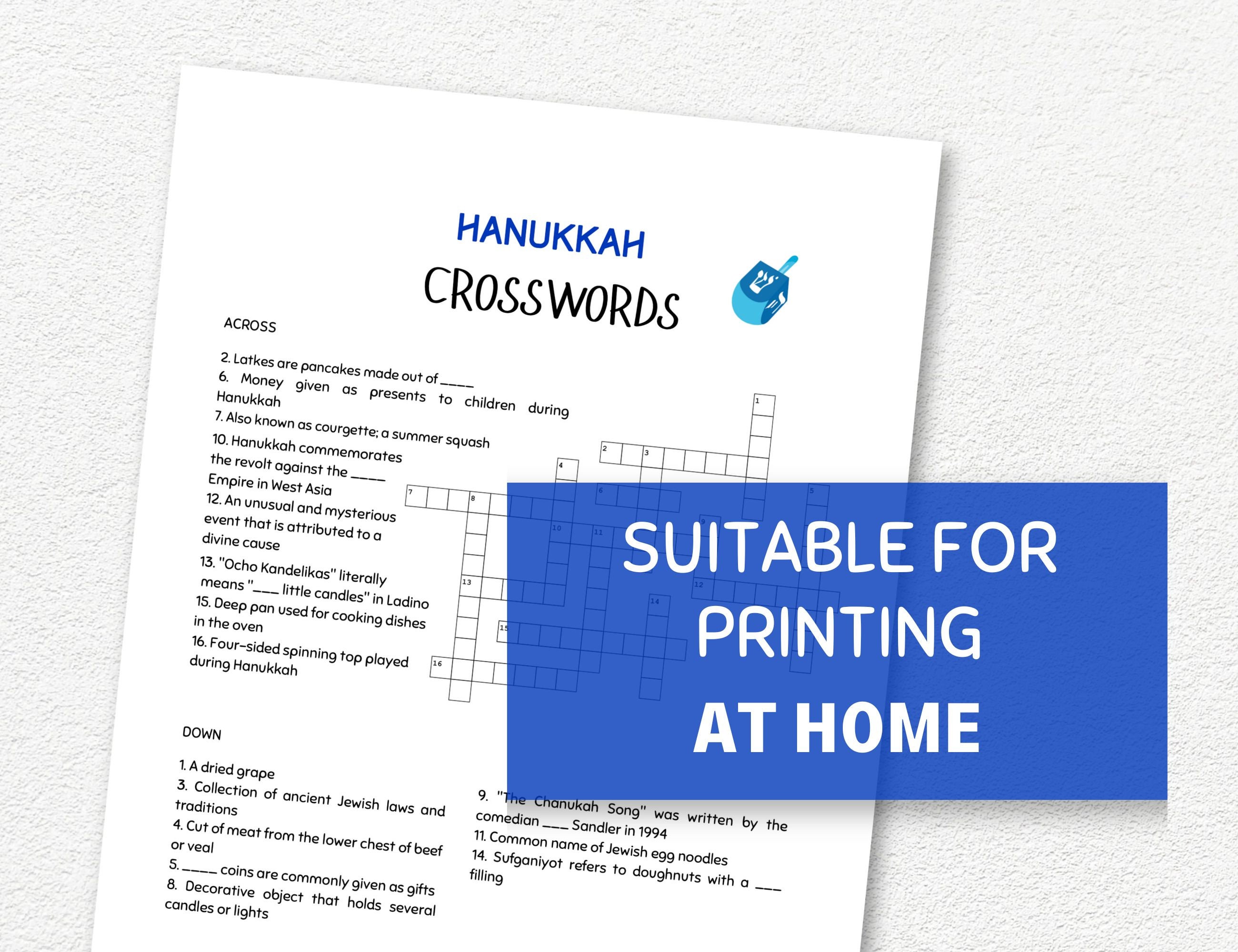 Hanukkah Crossword Puzzle Printable, Chanukah Word Puzzles, Party Games ...