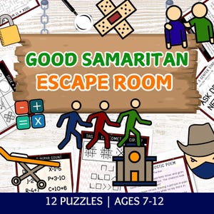 Könnte beinhalten: Illustration eines Spiels mit dem Text „GOOD SAMARITAN ESCAPE ROOM“. Das Bild zeigt Strichmännchen, Rätsel und den Text „12 PUZZLES | AGES 7-12“. Ein Vorhängeschloss, eine Lupe und ein Verband sind ebenfalls zu sehen.