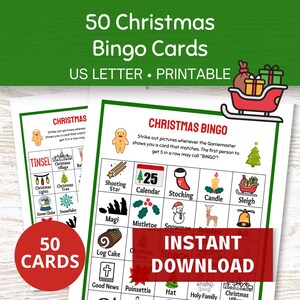 クリスマス ビンゴ ゲーム (印刷可能)、ホリデー ビンゴ カード 50 枚 (PDF)、子供向けクリスマス アクティビティ、家族向けキリスト降誕ゲーム