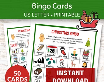 Christmas Bingo Game Printable, 50 Holiday Bingo Cards PDF, Christmas Activities for Kids, Nativity Games for Family