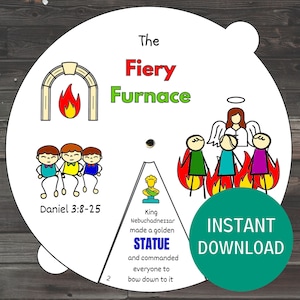 Rueda para colorear de horno de fuego imprimible, manualidad de escuela dominical, actividad de historia bíblica para niños, Sadrac Mesac Abednego
