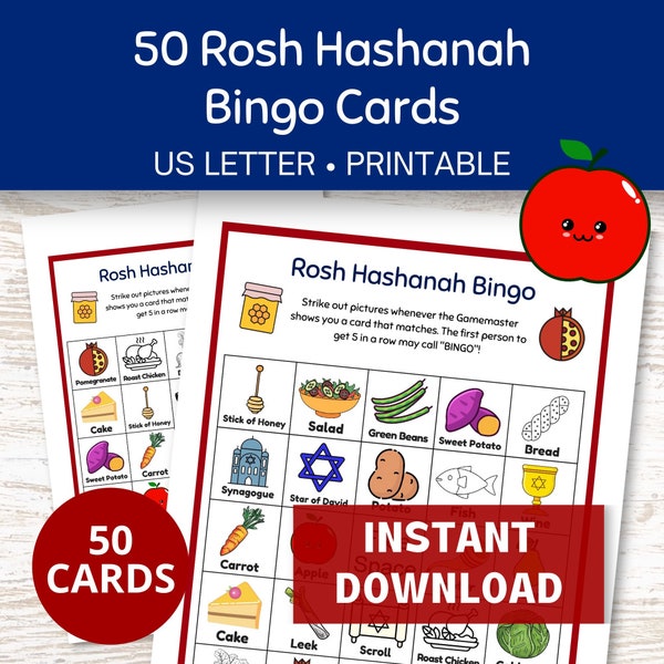 Rosh Hashanah Bingo Game, Holiday Bingo 50 Cards, Jewish New Year Printable Games for Kids and Families