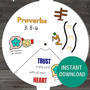 Rueda para colorear de Proverbios 3:5-6, lección imprimible de la escuela dominical, manualidad de confianza en el Señor para niños, actividad de las Escrituras