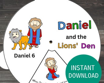 Puede incluir: Una página para colorear imprimible con una ilustración de dibujos animados de Daniel de la historia bíblica de Daniel y la guarida de los leones. La página incluye el texto "Daniel 6" y "Daniel y la guarida de los leones".