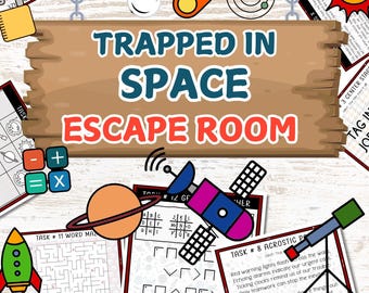 May include: A colorful illustration for an escape room game with a space theme. The design features the text "TRAPPED IN SPACE ESCAPE ROOM" on a wooden sign, along with space-related graphics, puzzles, and the text "12 PUZZLES | AGES 7-12".