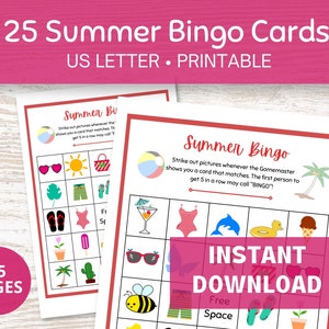 Summer Bingo Cards Printable, 25 Bingo Cards for the Family, Party Games for Large Groups