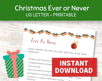 Juego Christmas Ever or Never, Juego Never Have I Ever, Juegos navideños imprimibles