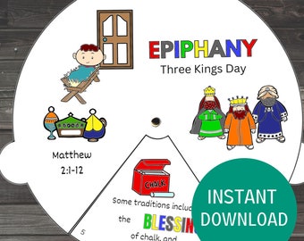 May include: A printable wheel with a colourful illustration of the three wise men, a manger scene, and a box of chalk. The wheel also includes the text "Epiphany, Three Kings Day, Matthew 2:1-12, Some traditions include the blessing of chalk, and Epiphany water, Instant Download".