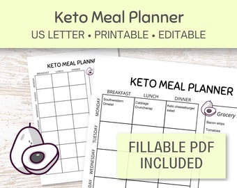 Keto Meal Planner, PDF Printable Weekly Meal Planner, Fillable Grocery Shopping List and Menu Planner with Carb Counter