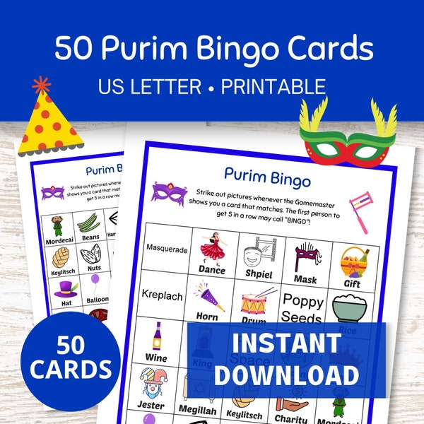 Purim Bingo Printable, Holiday Bingo 50 Cards, Jewish Holiday Themed Bingo Printable Game