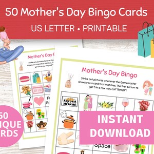 Bingo del Día de la Madre, Bingo navideño 50 cartas, Juego del Día de la Madre, Juegos familiares imprimibles