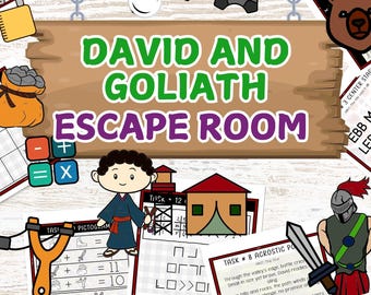 Sala de escape de David y Goliat, 12 rompecabezas imprimibles en PDF, Hoja de actividades para niños de David y Goliat, Juegos de escuela dominical