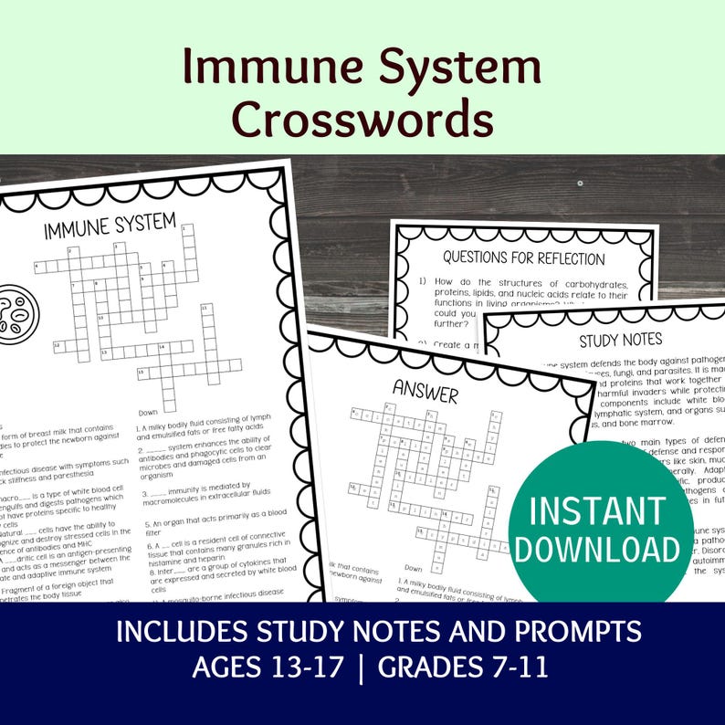 Immune System Crossword Puzzle, Printable Biology Science Worksheet ...
