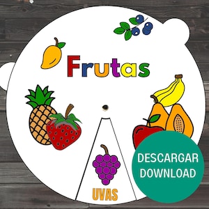 Spanish Fruits Coloring Wheel, Printable Crafts for Toddlers, Fruit Flash Cards in Spanish, Frutas Cutting Activities