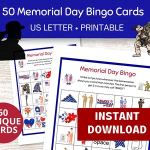 Memorial Day Bingo Cards, 50 Printable PDF Bingo Cards for Memorial Day, Patriotic Games for Family
