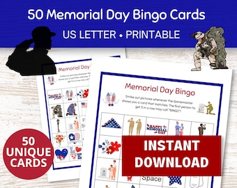 Memorial Day Bingo Cards, 50 Printable PDF Bingo Cards for Memorial Day, Patriotic Games for Family