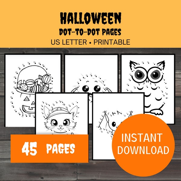 Halloween Dot to Dot Printable, 45 Connect the Dots Coloring Pages, Halloween Activity Worksheets For Kids, Counting Worksheets