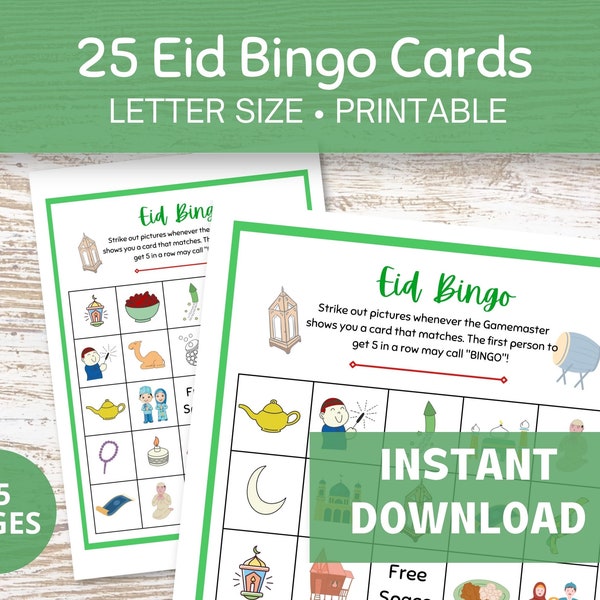 Eid Games Bingo Cards, 25 Printable Eid Al Fitr Bingo Cards, Ramadan Party Games