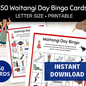 Może przedstawiać: 50 drukowanych kart do gry w bingo z okazji Dnia Waitangi. Każda karta zawiera siatkę 5x5 z obrazkami związanymi z kulturą Nowej Zelandii, takimi jak kiwi, tradycyjna kobieta maoryska i piłka do rugby. Tekst "Waitangi Day Bingo" jest wydrukowany na czerwono u góry karty.