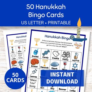 Jeu de bingo de Hanoukka imprimable, 50 cartes de bingo des Fêtes PDF, Jeux de Hanoucca pour les enfants, Jeux de vacances juives