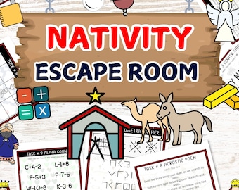 May include: An illustrated Nativity Escape Room game with the words "NATIVITY ESCAPE ROOM" in red. The image features a camel, donkey, star, and puzzles. The text at the bottom reads "12 PUZZLES | AGES 7-12".