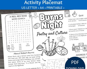 Burns Night Activity Placemat, Printable Scottish Themed Puzzles for Kids, Literature Trivia Games
