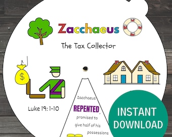 May include: A white circle with a green tree, a red life preserver, a house with two windows, a man in a green shirt and purple sash, a bag of money, and the text "Zacchaeus The Tax Collector" and "Luke 19:1-10". The text "Zacchaeus REPENTED promised to give half of his possessions to the poor" is also included.
