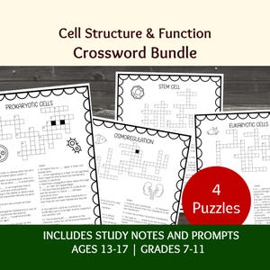 May include: A Cell Structure & Function Crossword Bundle featuring four educational worksheets titled Prokaryotic Cells, Stem Cell, Osmoregulation, and Eukaryotic Cells. Each page includes crossword grids, scientific illustrations, and study notes.