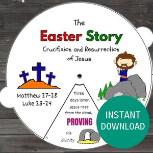 Ruota da colorare della storia di Pasqua, Artigianato stampabile della crocifissione e resurrezione di Gesù, Studio biblico per bambini, Lezione della scuola domenicale