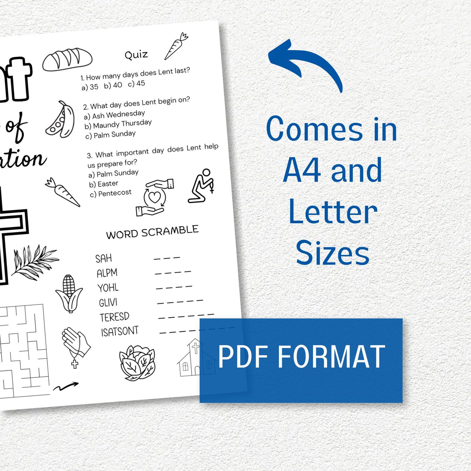 Lent Activity Placemat, Printable Sunday School Games, Ash Wednesday ...