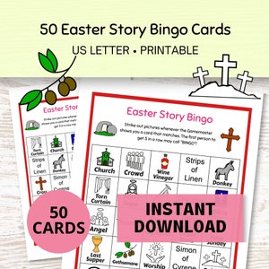Easter Bingo Religious Game, 50 Printable Bingo Cards, Sunday School Games, Easter Activities for Kids