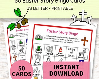Jogo religioso de bingo de Páscoa, 50 cartas de bingo para impressão, jogos de escola dominical, atividades de Páscoa para crianças