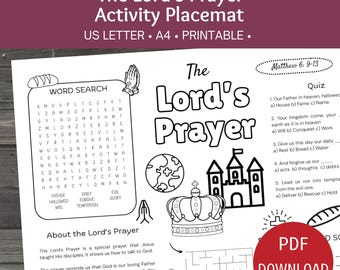 The Lord’s Prayer Activity Placemat, Printable Sunday School Lesson, Christian Homeschool Coloring Worksheet