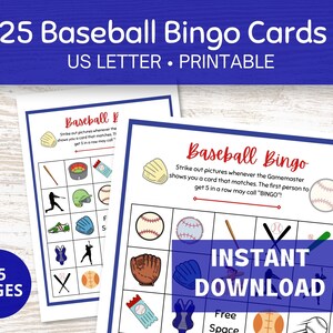 Baseball Bingo Cards, 25 Printable Cards for Birthdays and Baby Showers, Baseball Themed Games