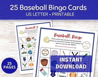 Baseball Bingo Cards, 25 Printable Cards for Birthdays and Baby Showers, Baseball Themed Games