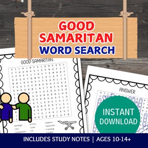 May include: A wooden sign with the words "GOOD SAMARITAN WORD SEARCH" hangs above a word search puzzle. The puzzle includes study notes and is for ages 10-14. The image also shows an answer key.