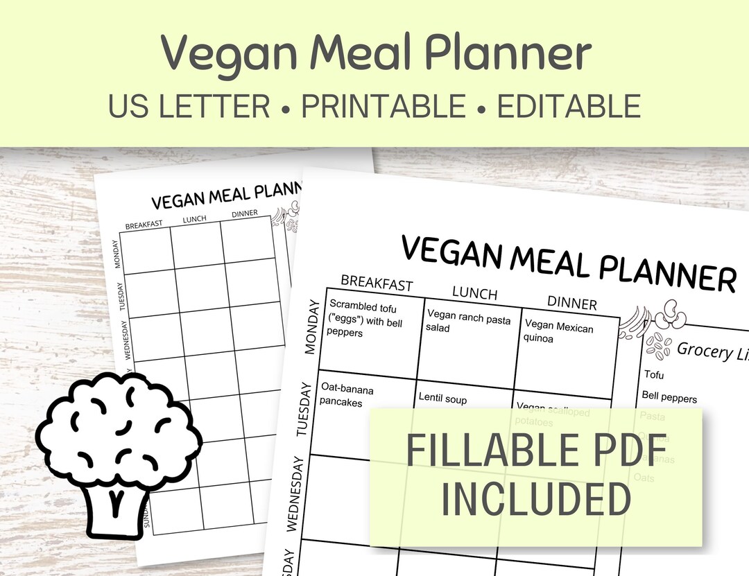 Vegan Meal Planner Printable, PDF Fillable Weekly Menu Planner, Grocery