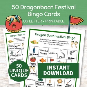 ドラゴンボートフェスティバルビンゴ、50枚の印刷可能なビンゴカードPDF、段武傑ゲーム、子供向けの中国の休日アクティビティ