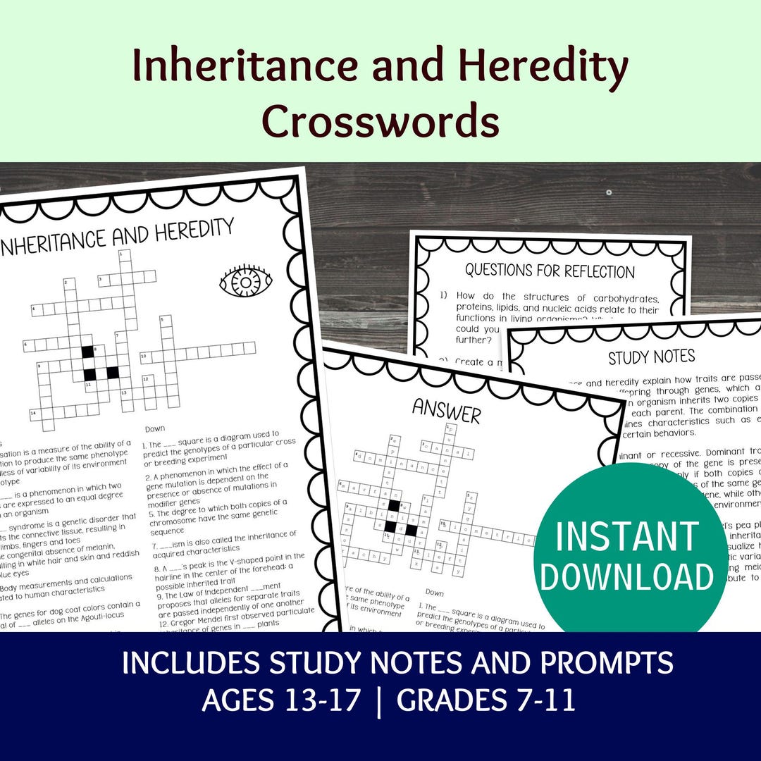 Activity For Inheritance Inheritance and Heredity Crossword Puzzle, Printable Biology Classroom ...