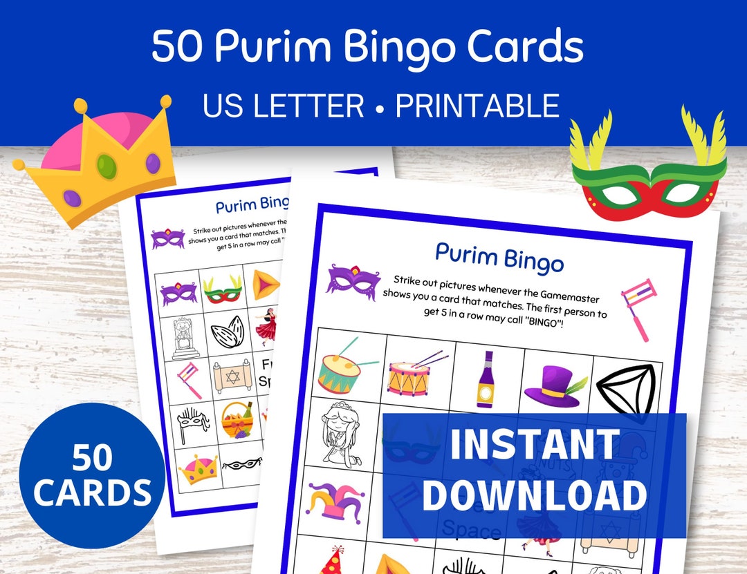 Purim Bingo Printable, Holiday Bingo 50 Cards, Jewish Holiday Themed