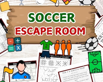 May include: A colorful illustration for a soccer-themed escape room game. The image features soccer balls, a green jersey with the number 2, and a soccer field graphic. Text includes "SOCCER ESCAPE ROOM", "12 PUZZLES", and "AGES 7-12".