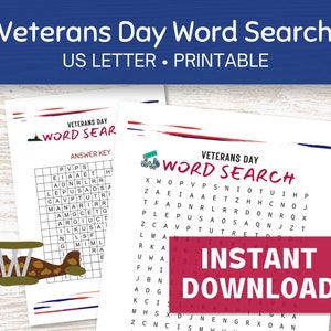 Veterans Day Word Search Printable, Word Search for Adults and Kids, Party Game Printable